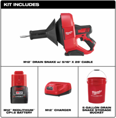 M12™ Drain Snake Kit, 2.5 Inch Max Pipe Diameter, 10 lbs Lightweight Design