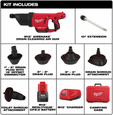 M12 AIRSNAKE Drain Cleaning Air Gun Kit for 1-4 Inch Pipes, 50 PSI, 7.1 Pounds