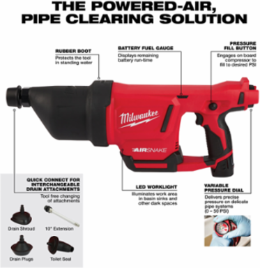 M12 AIRSNAKE Drain Cleaning Air Gun Kit for 1-4 Inch Pipes, 50 PSI, 7.1 Pounds