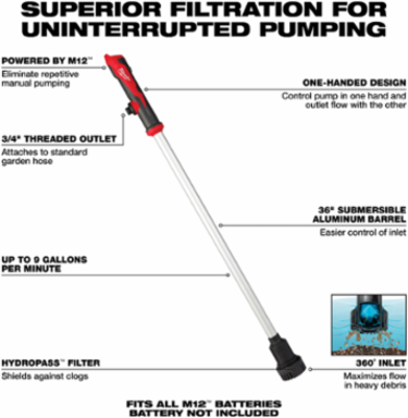 M12TM Stick Transfer Pump, 36 Inch Aluminum Barrel, 15 Ft Max Head Height, 9 GPM