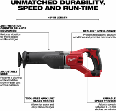 M18 Reciprocating Saw, 1.125 Inch Stroke Length, 8.9 lbs