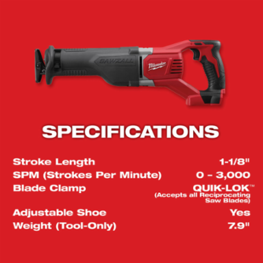 M18 Reciprocating Saw, 1.125 Inch Stroke Length, 8.9 lbs