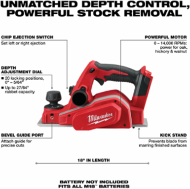 M18 3-1/4 Inch Cordless Planer with 14,000 RPM Motor and 5/64 Inch Cutting Depth
