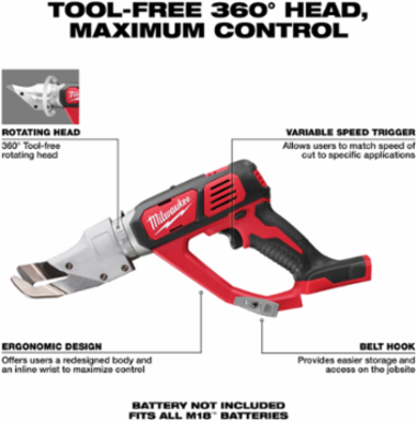 M18 Cordless 18 Gauge Shear, 4.2 lbs, Variable Speed, 2300 SPM, 3.0 Inch Minimum Cut Radius
