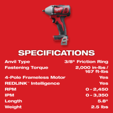 M18TM Cordless 3/8 Inch Impact Wrench, 3,350 ipm, 183 ft-lbs Torque