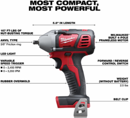 M18TM Cordless 3/8 Inch Impact Wrench, 3,350 ipm, 183 ft-lbs Torque