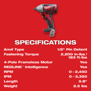 M18TM 1/2 Inch Cordless Impact Wrench - 183 ft-lbs Torque, 2,450 RPM