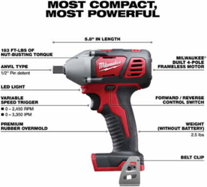 M18TM 1/2 Inch Cordless Impact Wrench - 183 ft-lbs Torque, 2,450 RPM