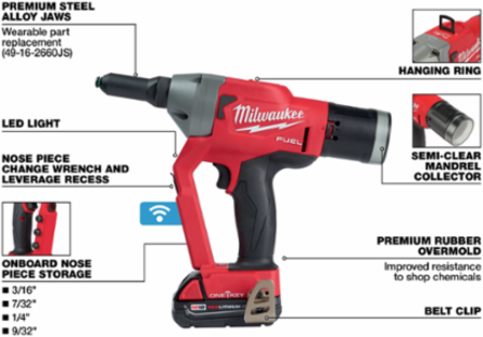 M18 FUELTM 1/4 Inch Cordless Blind Rivet Tool, 4500 lbs Pulling Force, 5.6 lbs Weight
