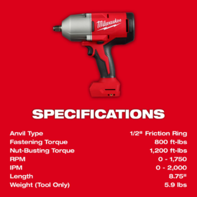 M18TM Brushless 1/2 In. High Torque Impact Wrench, 1200 ft-lbs Torque, 1750 RPM