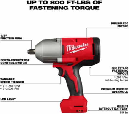 M18TM Brushless 1/2 In. High Torque Impact Wrench, 1200 ft-lbs Torque, 1750 RPM