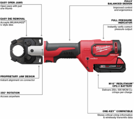 M18 FORCE LOGIC 600 MCM Crimper, 2.9 Sec Crimp Speed, 350° Head Rotation