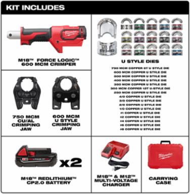 M18 FORCE LOGIC 600 MCM Cu Crimper Kit w/ 750 MCM Jaw, 2.9 Sec Crimp Speed, 350° Head Rotation