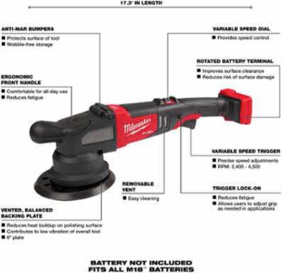 M18 FUEL 21mm Random Orbital Polisher, 6 Inch Disc, 2,400-4,500 RPM