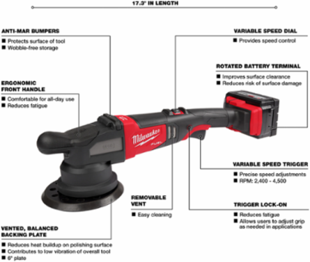 M18 FUEL 21mm Cordless Random Orbital Polisher, 4500 RPM, 6 Inch Disc Size