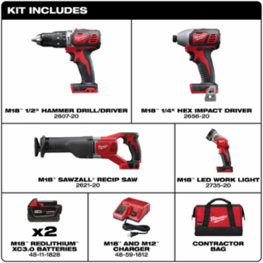 M18 Cordless 4-Tool Combo Kit with 1/2 Inch Hammer Drill & Impact Driver