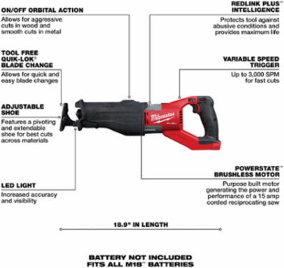 M18 FUEL™ SUPER SAWZALL® 1-1/4 Inch Stroke, 3000 SPM, Cordless, 12.25 lbs