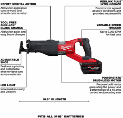 M18 FUEL™ SUPER SAWZALL® Cordless Reciprocating Saw, 1-1/4 in Stroke Length, 3000 SPM