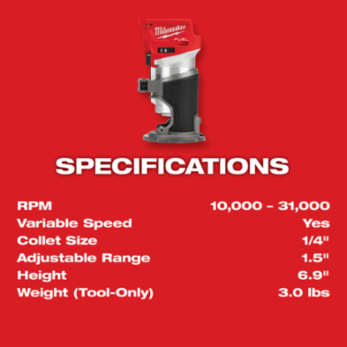 M18 FUEL Compact Router 1.25 hp, 31,000 RPM, 1/4 Inch Collet, 1.5 Inch Depth Capacity