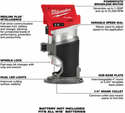 M18 FUEL Compact Router 1.25 hp, 31,000 RPM, 1/4 Inch Collet, 1.5 Inch Depth Capacity