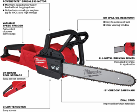M18 FUEL™ 16 Inch Chainsaw, 18V, 10.7 Pounds, Brushless Motor