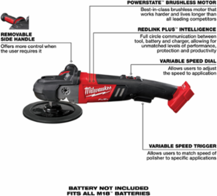 M18 FUEL™ Cordless 7 Inch Variable Speed Rotary Polisher, 2200 RPM, 4.84 lbs