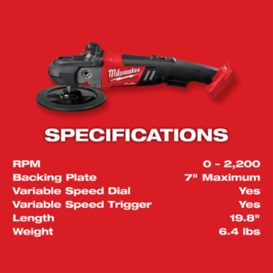 M18 FUEL™ Cordless 7 Inch Variable Speed Rotary Polisher, 2200 RPM, 4.84 lbs