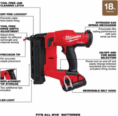 M18 FUEL™ 18 Gauge Brad Nailer Kit, Cordless, 11.9 Inch Length, 6.29 lbs