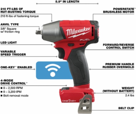 M18 FUELTM 3/8 Inch Compact Impact Wrench, 210 ft-lbs Torque, 2500 RPM, Cordless