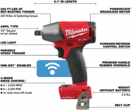 M18 FUELTM 1/2 Inch Compact Impact Wrench, 220 ft-lbs Torque, Cordless