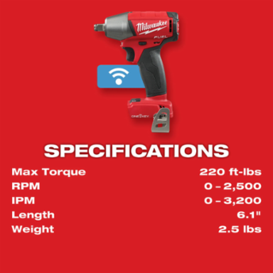 M18 FUELTM 1/2 Inch Compact Impact Wrench, 220 ft-lbs Torque, Cordless