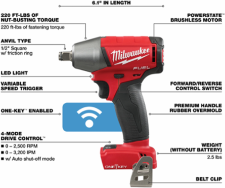 M18 FUELTM 1/2 Inch Compact Impact Wrench, 220 ft-lbs Torque, Cordless