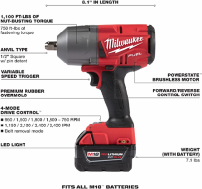 M18 FUEL™ 1/2 in. High Torque Impact Wrench with Pin Detent Kit