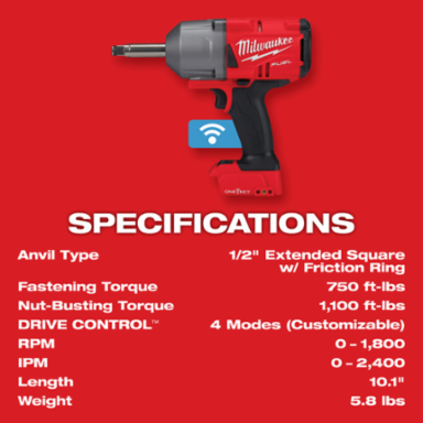M18 FUEL 1/2 Inch Extended Anvil Torque Impact Wrench, 1100 ft-lbs Torque, Cordless