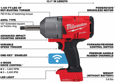 M18 FUEL 1/2 Inch Extended Anvil Torque Impact Wrench, 1100 ft-lbs Torque, Cordless