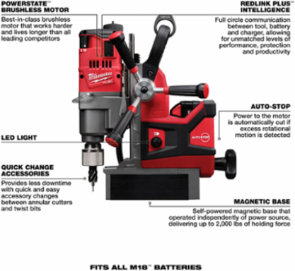 M18 FUEL™ 1-1/2" Lineman Magnetic Drill Kit, 5-3/4" Stroke Length, 29.5 lbs
