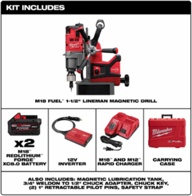 M18 FUEL™ 1-1/2" Lineman Magnetic Drill Kit, 5-3/4" Stroke Length, 29.5 lbs