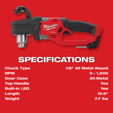 M18 FUEL™ HOLE HAWG™ 1/2 Inch Right Angle Drill, 1550 RPM, 7.7 lbs