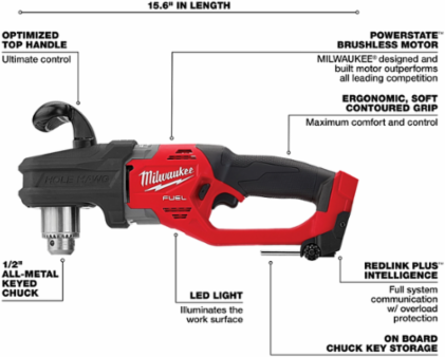 M18 FUEL™ HOLE HAWG™ 1/2 Inch Right Angle Drill, 1550 RPM, 7.7 lbs