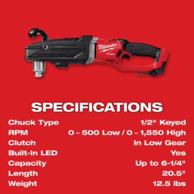 M18 FUELTM Super HawgTM 1/2 Inch Right Angle Drill, 12.5 lbs, Cordless, 20.5 Inch Length