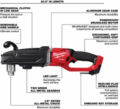 M18 FUELTM Super HawgTM 1/2 Inch Right Angle Drill, 12.5 lbs, Cordless, 20.5 Inch Length