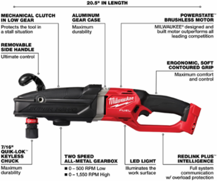 M18 FUEL™ Super Hawg™ Right Angle Drill, 6-1/4 Inch Hole Capacity, 12.1 lbs