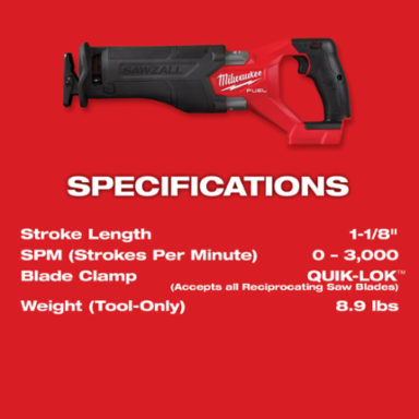 M18 FUEL SAWZALL Reciprocating Saw, 1-1/4" Stroke Length, 3000 SPM, 6.8 lbs