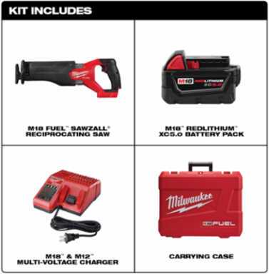 M18 FUEL SAWZALL Reciprocating Saw - 1-1/4" Stroke Length, 3,000 SPM, 5.0 Ah Battery