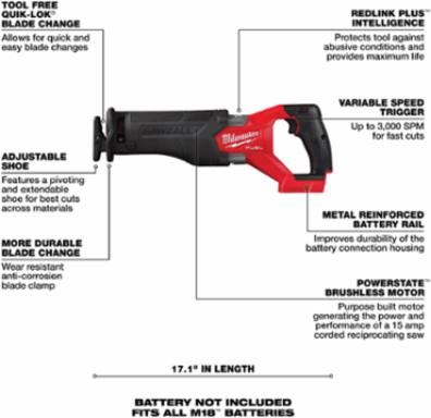 M18 FUEL SAWZALL Reciprocating Saw, 1-1/4" Stroke Length, 3000 SPM, 18V, 2 Batteries