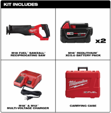 M18 FUEL SAWZALL Reciprocating Saw, 1-1/4" Stroke Length, 3000 SPM, 18V, 2 Batteries