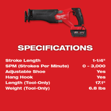 M18 FUEL SAWZALL Reciprocating Saw, 1-1/4" Stroke Length, 3000 SPM, 18V, 2 Batteries