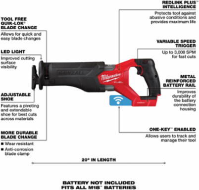M18 FUELTM Reciprocating Saw, 1-1/4 Inch Stroke, 3000 SPM, Cordless