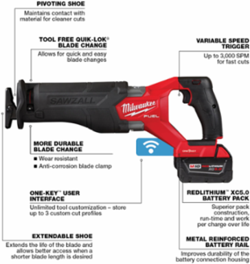 M18 FUEL SAWZALL Reciprocating Saw Kit with 1-1/4" Stroke, 2 Batteries, 3000 SPM