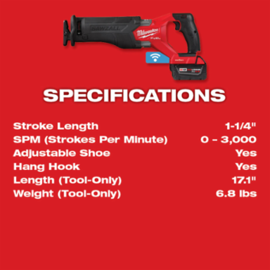 M18 FUEL SAWZALL Reciprocating Saw Kit with 1-1/4" Stroke, 2 Batteries, 3000 SPM